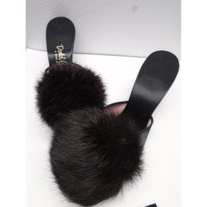 Daniel Green Black Satin High Heel Shoes Boudoir Slippers Fur Poms sz 6.5 Narrow